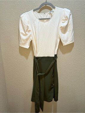 Express Puff Sleeve Faux Wrap Midi Dress Olive Green & Ivory Size Medium
